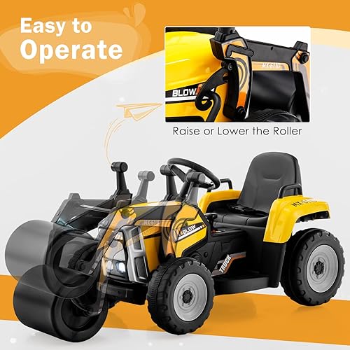 Miniatura 2 de HONEY JOY Coche de paseo eléctrico de 12 V con control remoto, tractor de batería para niños pequeños con rodillo de tambor ajustable, bocina y