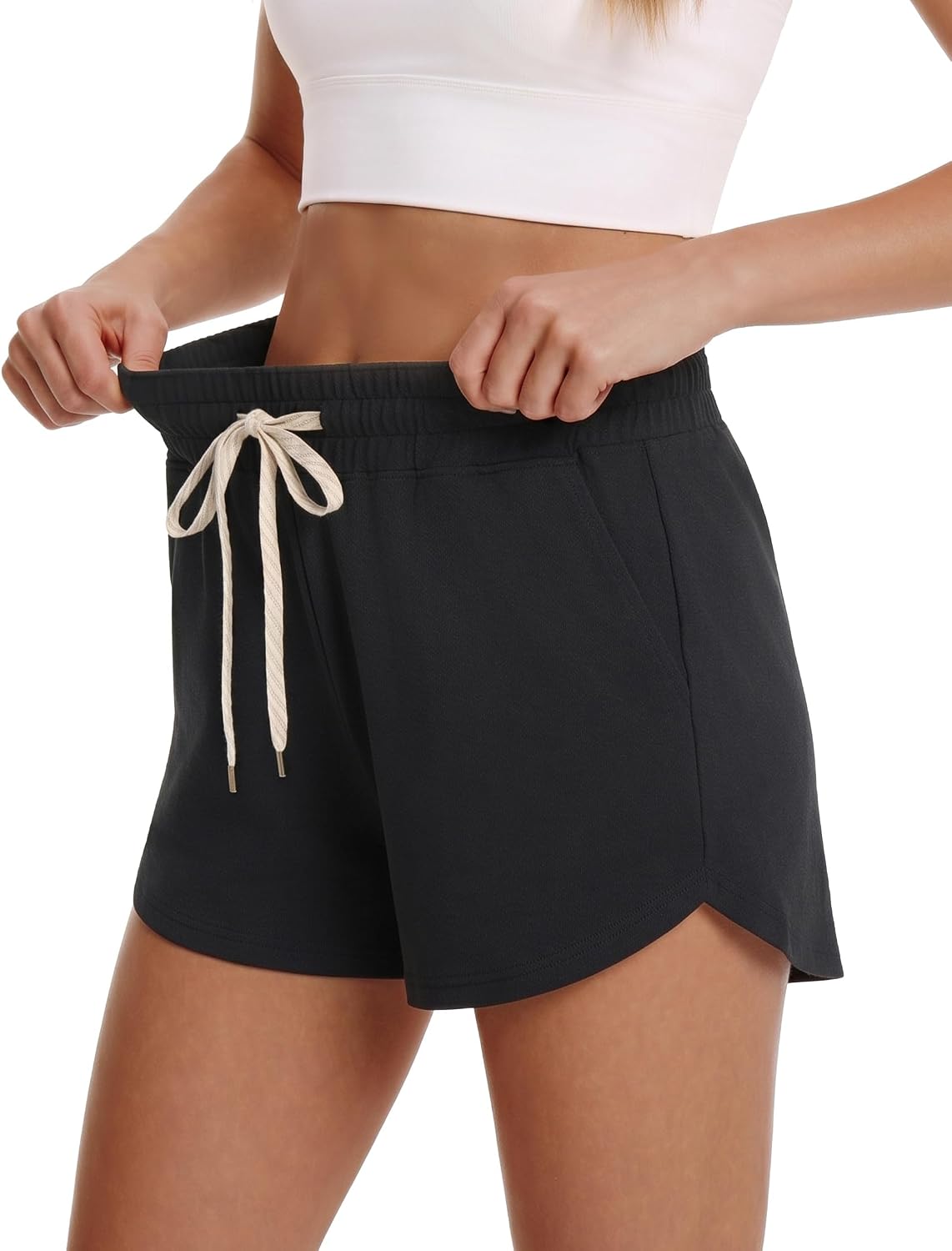 iceROSE Athletic Shorts for Women - High Waisted Black Running SweatShorts Summer Drawstring with Pockets for Workout Lounge