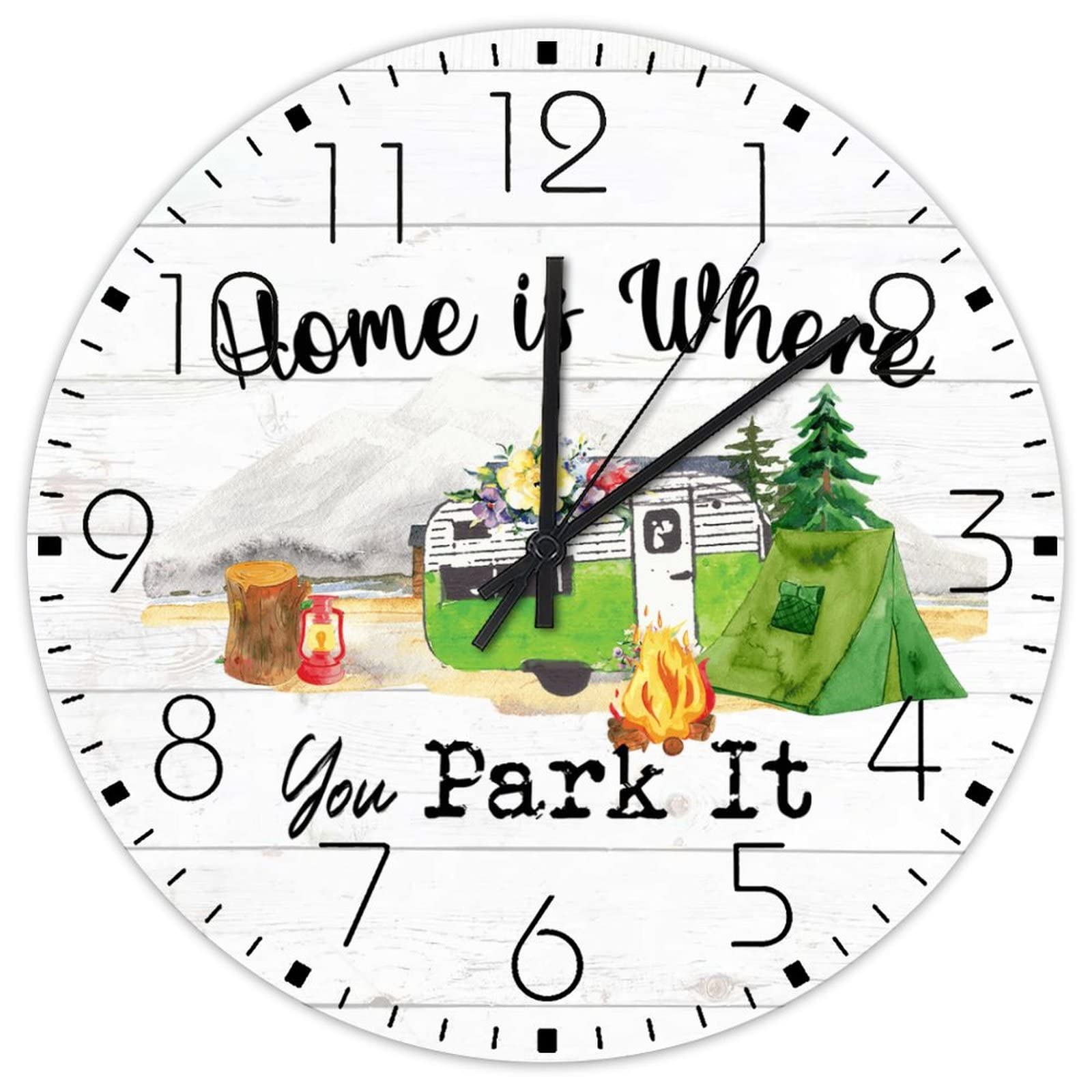 Horloge murale en bois nature style feu de camp et montagne