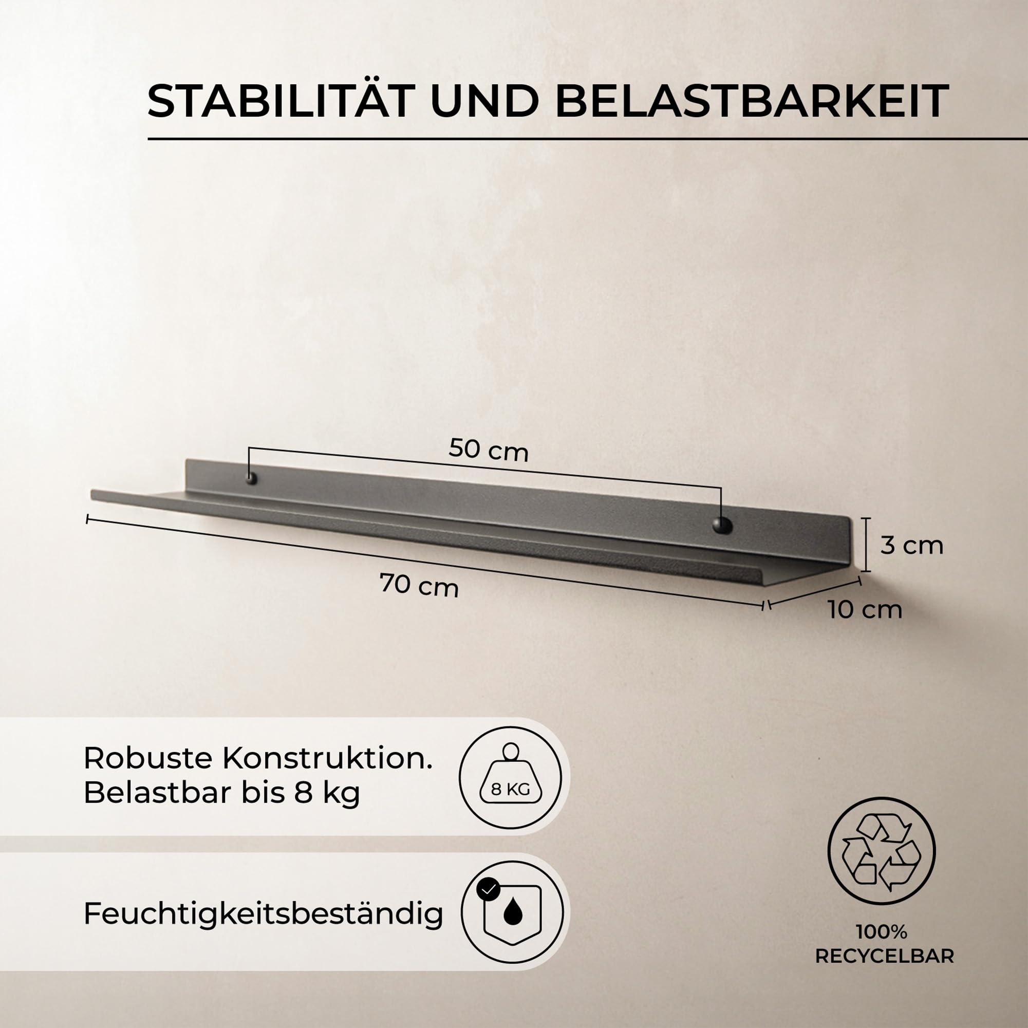 MILUKA Wandregal Schwarz aus Metall 70 x 10 cm, 2er Set, kombinierbar | Schmales Schweberegal und Bilderleiste für Bilder, Kosmetik, Fotos und Bücher, verhindert Herunterfallen, Made in Spain