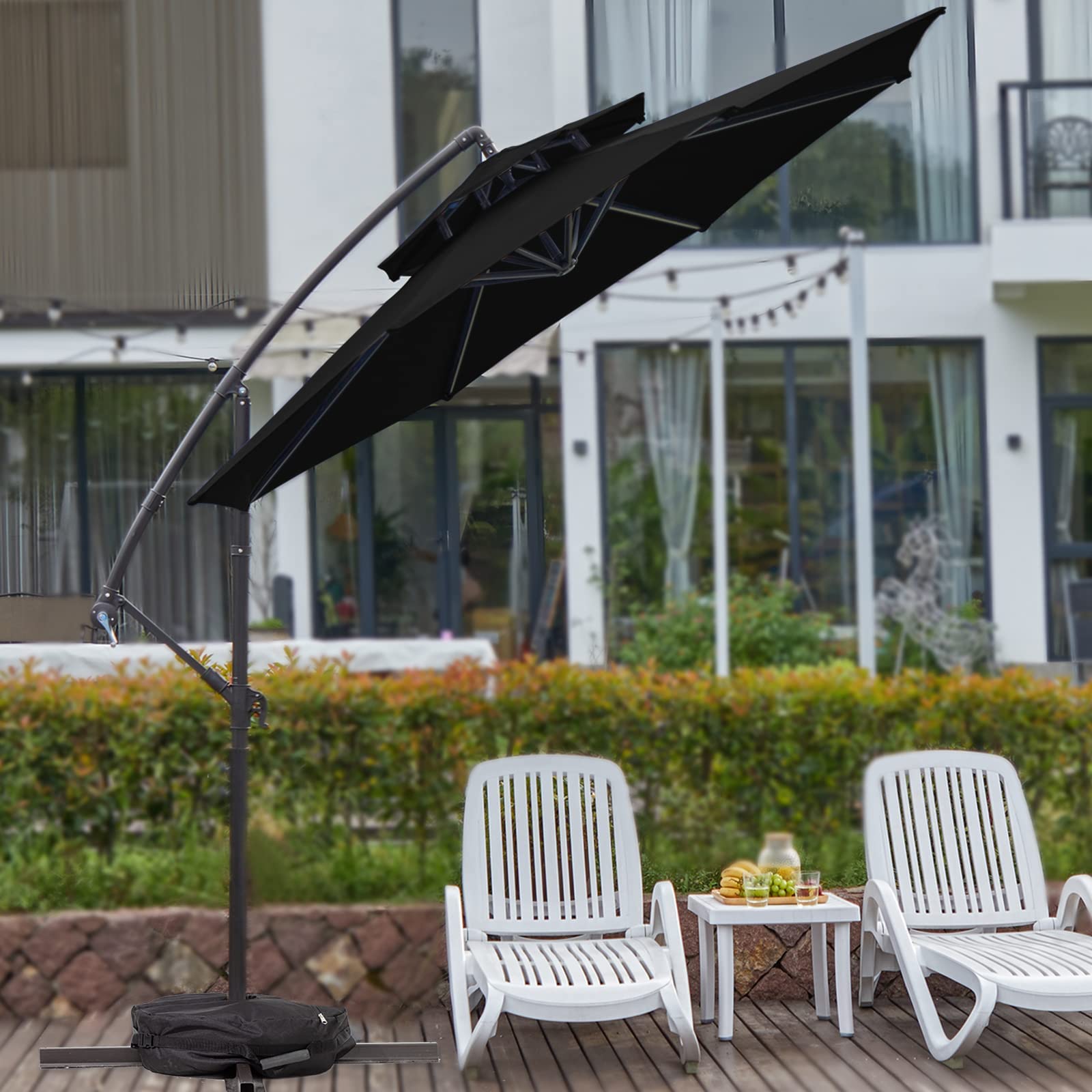 VOUA 10ft 2 Tier Patio Offset Umbrella with Sandbag Cantilever Outdoor