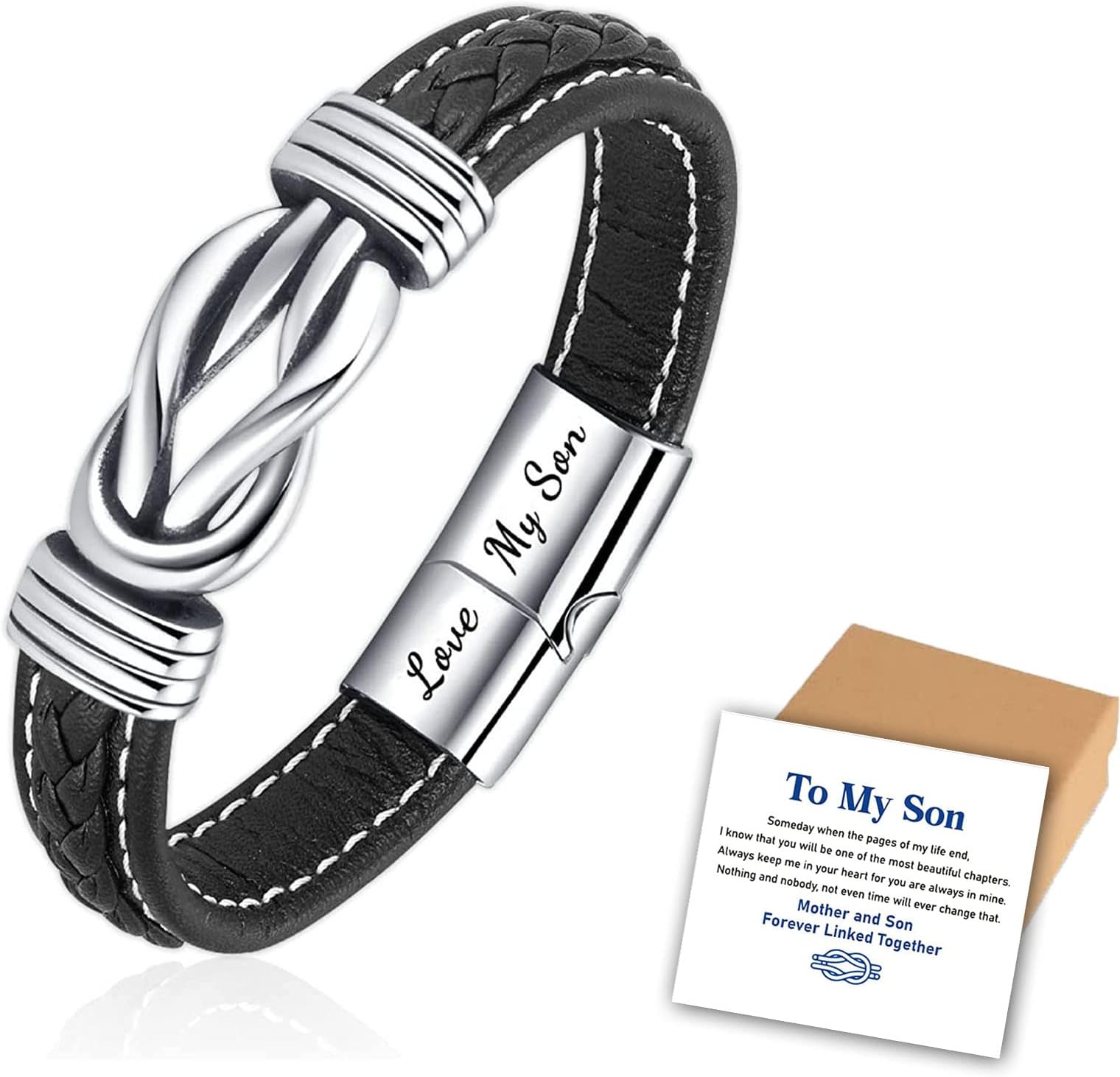 HPKJUYDS ?Mother and Son Forever Linked Together Braided Leather Bracelet, Men's Knot Wristband Cuff Bracelet, Inspirational Birthday Gift from Mom (1pc)