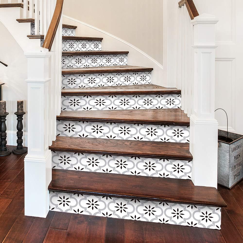 funlife 13Pcs Scandinavian Style Self-Adhesive PVC Stair Stickers, Peel and Stick Staircase Decal, Stair Riser Stickers, 39.37"x7.09" White Lantern Pattern