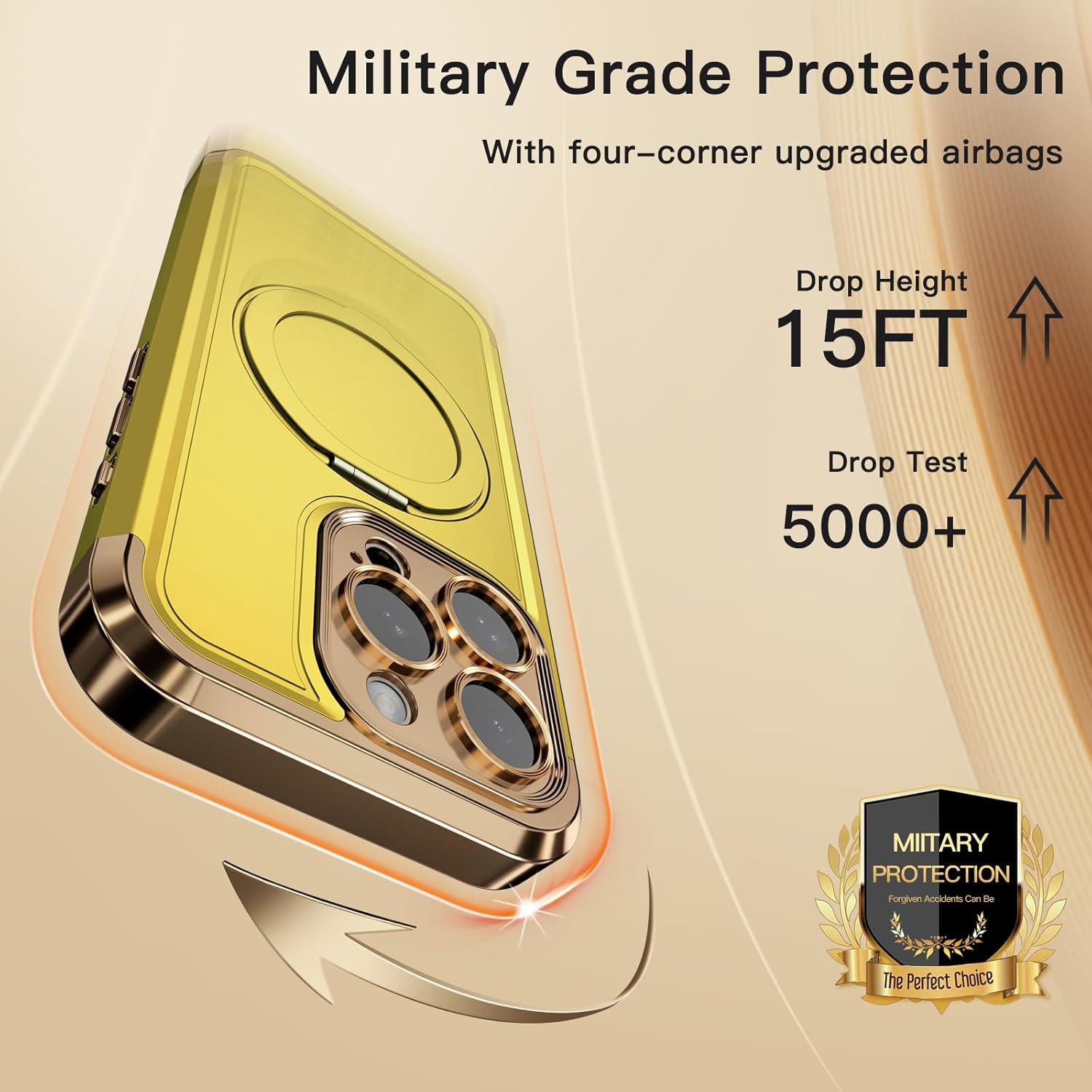 COOLQO for iPhone 14 Pro Max Case 6.7'' Upgraded 360° Spin Magnetic Stand [Compatible with Magsafe][Military Protection] Shockproof Protective Phone Holder Cover for iPhone 14 Pro Max, Yellow Gold