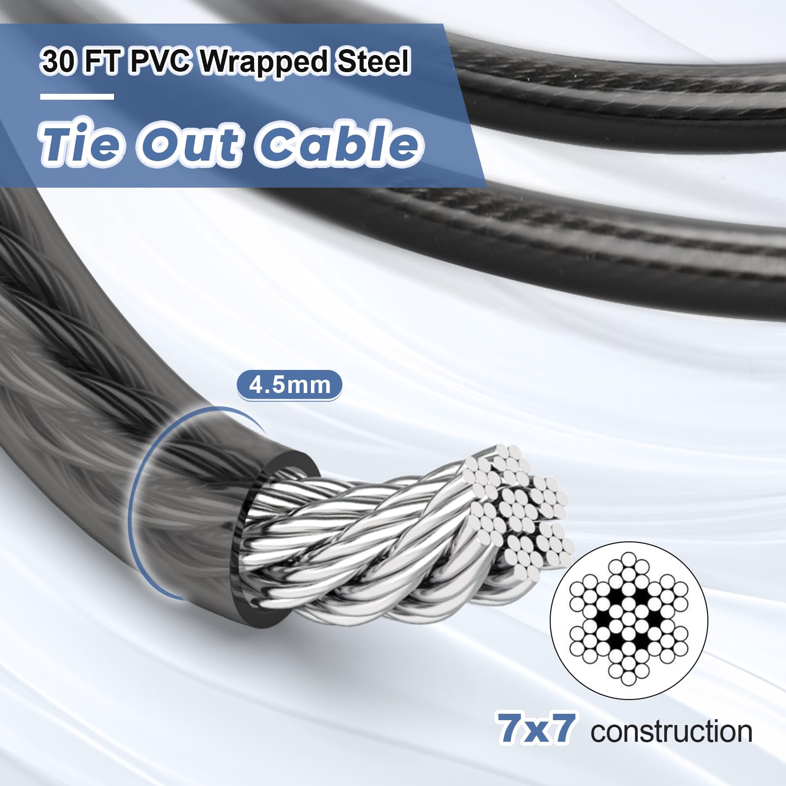 Tinnmao Heavy Duty Dog Tie Out Cable & Spiral Stake, 30 FT Tether with 15.7" (40cm) 12mm Coated Carbon Steel Screw-in Anchor (7cm Helix), Dual Swivel + Shock Spring, Outdoor Tie Out for Yard & Camping - image 3