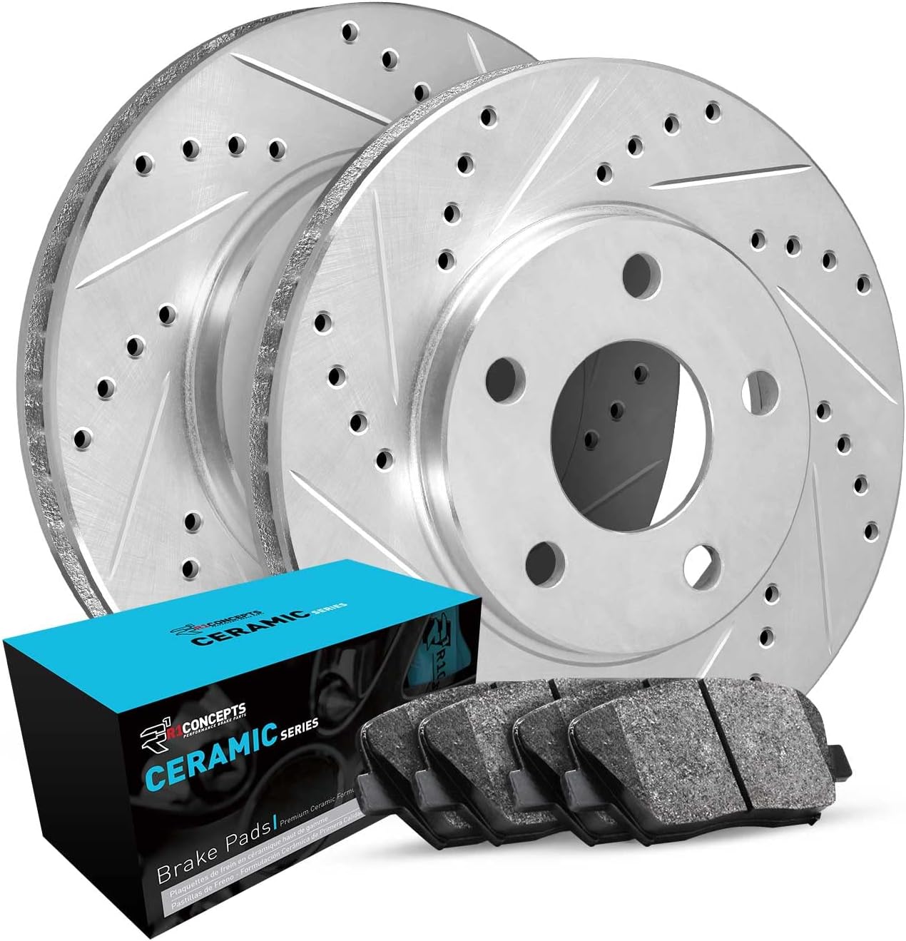 R1 Concepts Rear Brake Kit For 2015-2021 Volkswagen Golf; 2015-2018 Volkswagen GTI; 2015-2022 Volkswagen Passat| Drilled Slotted Brake Rotors| Ceramic Brake Pads and Rotors Kit