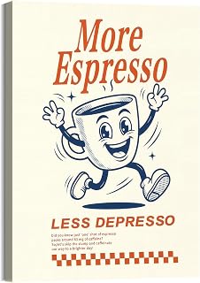 Coffee Wall Art More Espresso Less Depresso Framed Canvas Decor 12x16 in | Funny Retro Rubber Hose Cartoon Print for Kitchen Coffee Bar Dining Room Office, Farmhouse Style, Waterproof Ready to Hang