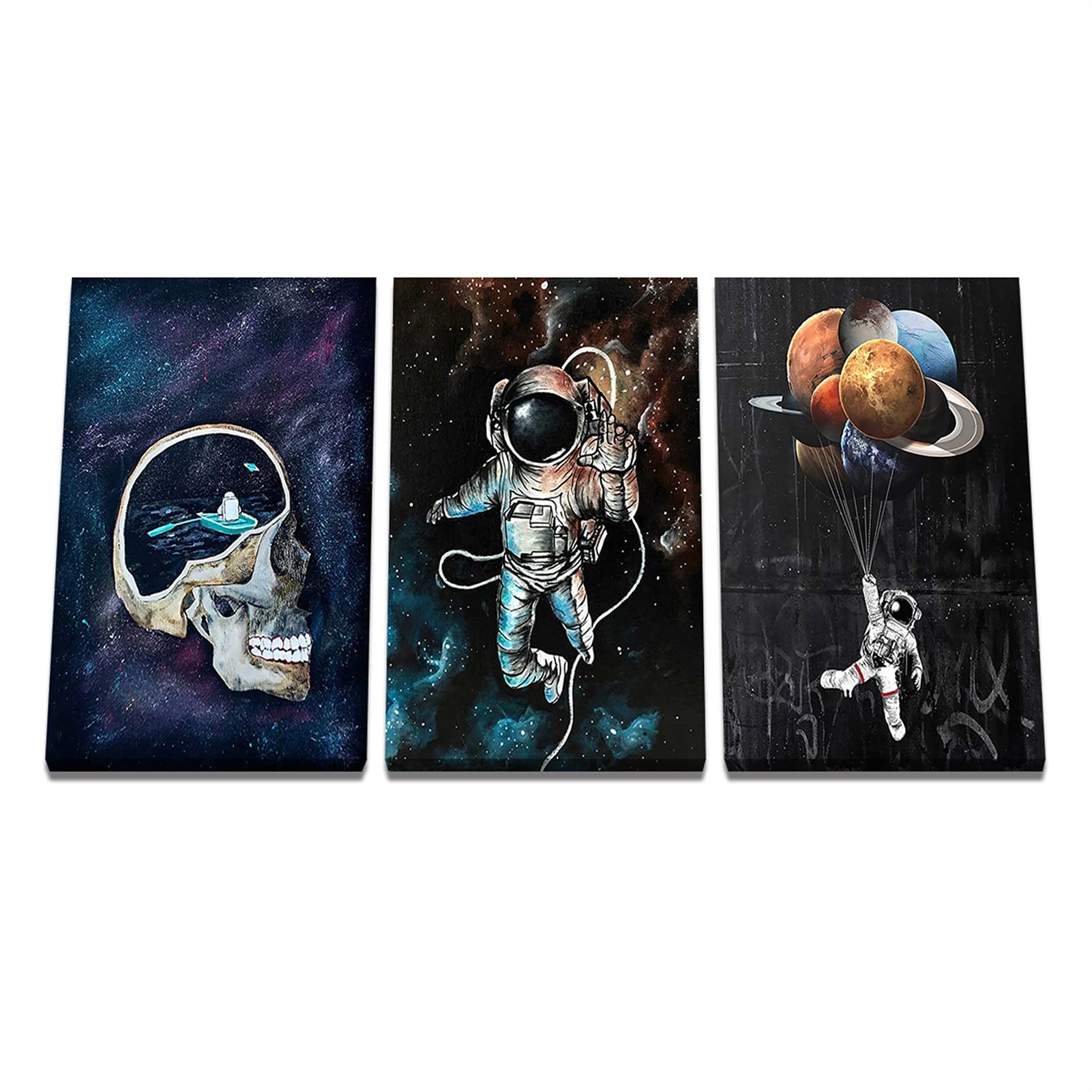 Toile astronaute abstraite triptyque pour décoration salon moderne