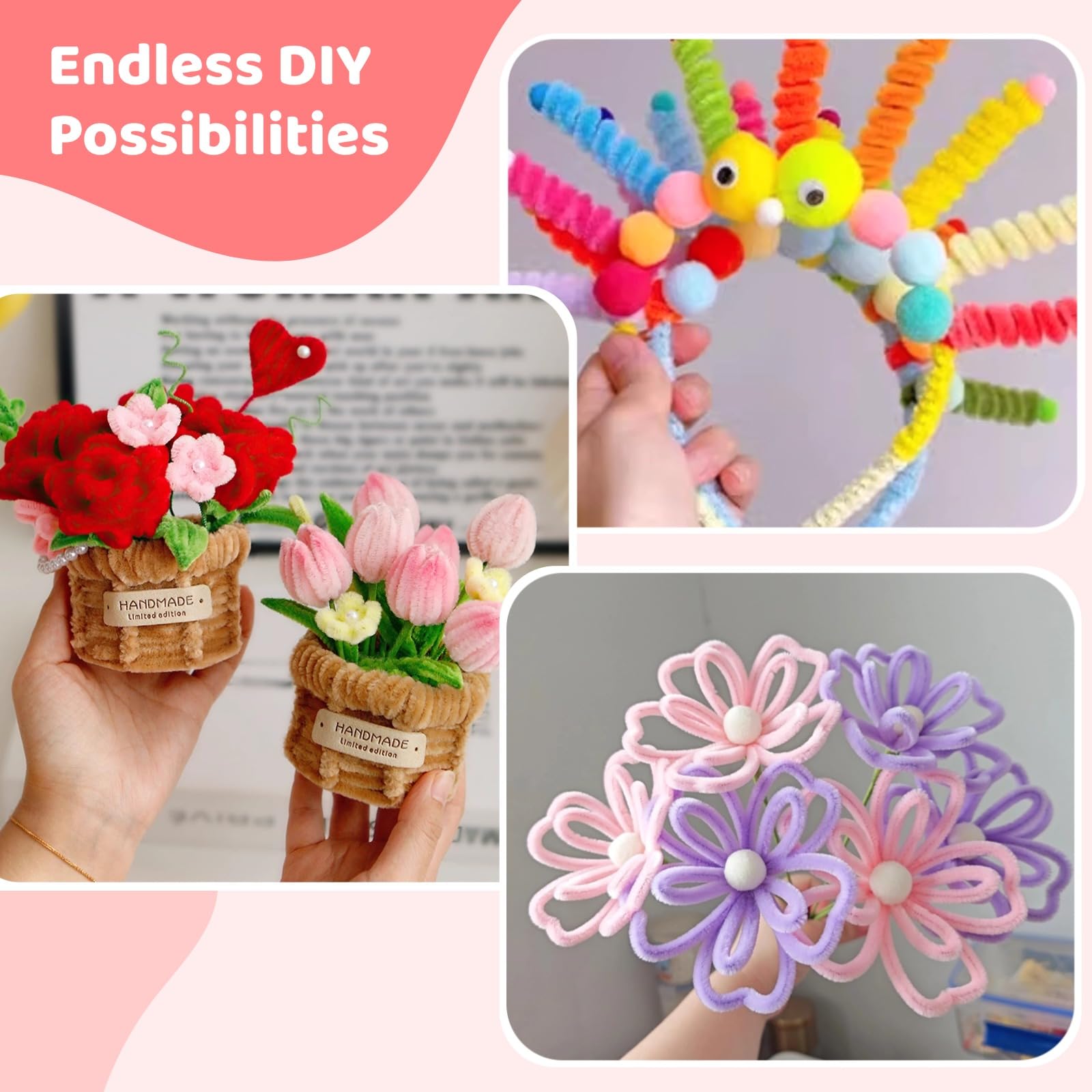 900+ Stk. Pfeifenreiniger Set, bunte Chenilledrähte mit Pompons, Bastelset für DIY Kunstprojekte, kreatives Set für Handarbeit, ideal für Schule, Dekorationen und kreative Bastelarbeiten zu Hause