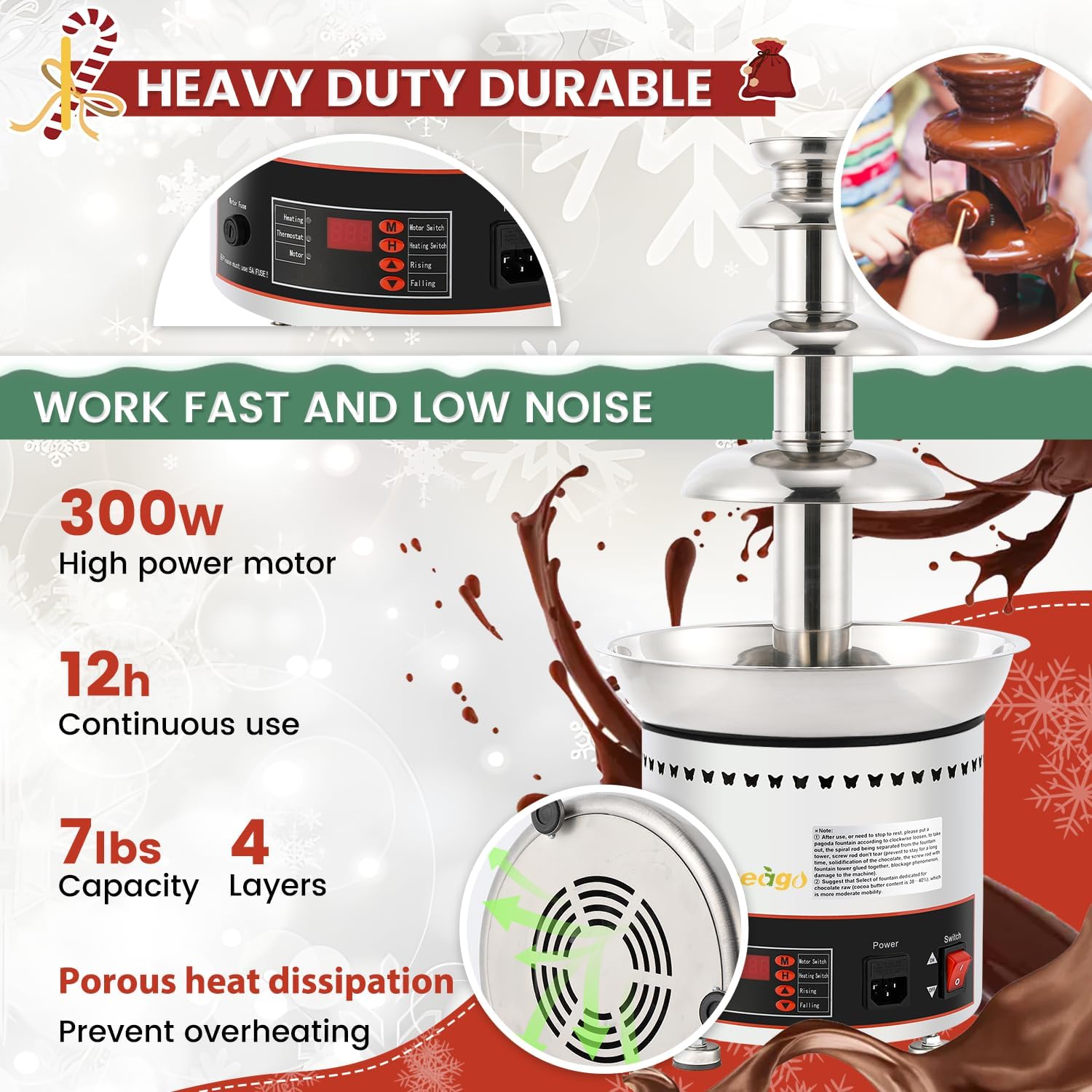 Commercial Chocolate Fountain 4 Tiers 7Lbs Large Chocolate Waterfall Stainless Steel Chocolate Heating Melting Fondue Machine Easy to Assemble for Cheese BBQ Sauce Ranch Digital-control