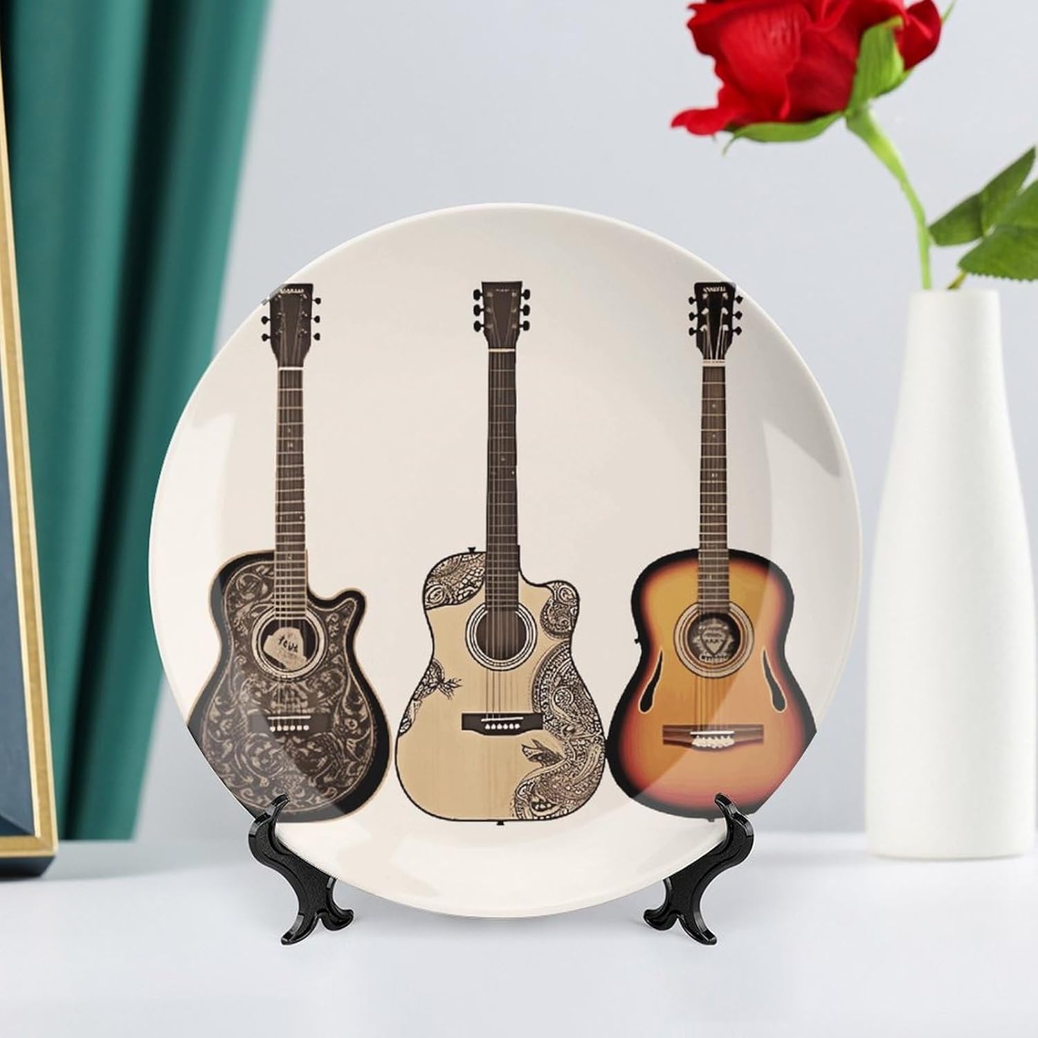 Guitar Decorative Plates for Display Round Porcelain Plate Living Room Table Ceramic Hanging Decorative Plate Art Decor for Living Room Table with 1 Display Stand 10inch