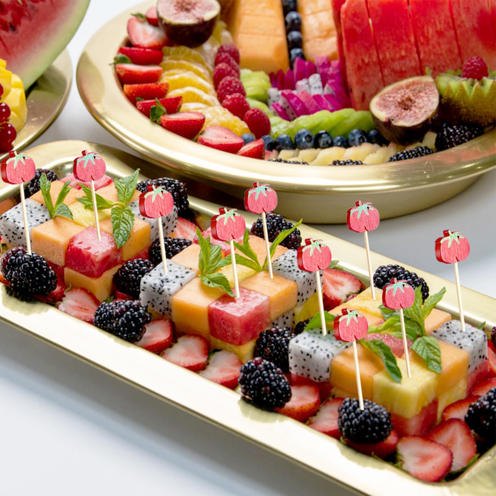 100 Pics à Cocktail En Bambou Décorés - 11,9 Cm, Motifs Fruits Et Légumes, Pour Apéritif, Fête, Mariage, Décoration