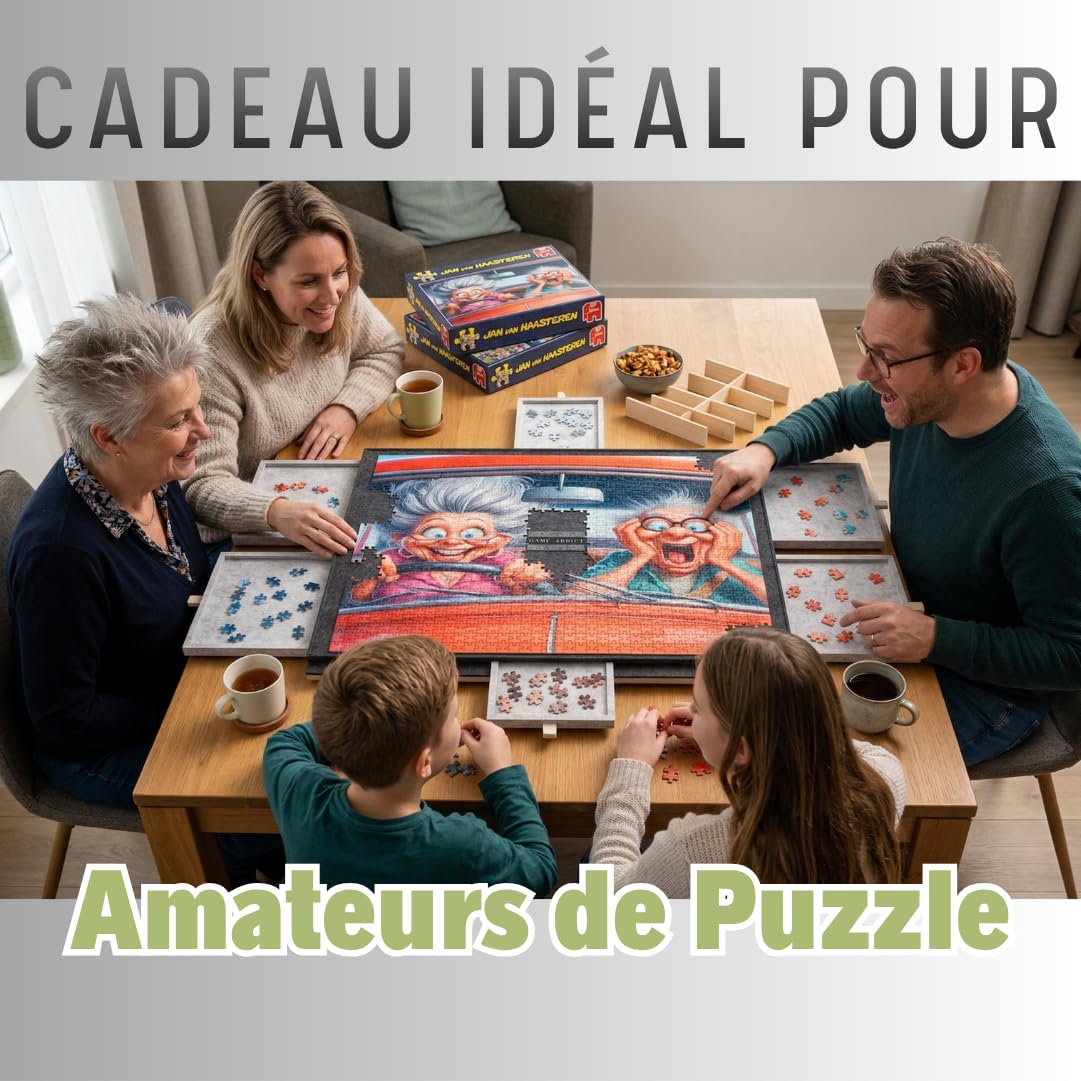Table Puzzle avec 2 Tapis de Jeux-Échecs Dames Backgammon Cartes-Support en Feutre Inclinable avec Bordures, 6 Tiroirs de Rangement, Fermeture par Couvercle et Sangle pour Puzzle Jusqu’à 1000 Pièces