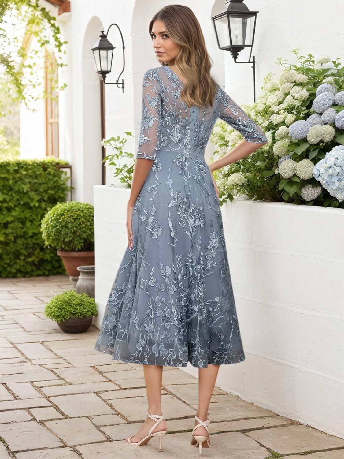 Tea Length Mother of The Bride Dresses 3/4 Sleeve Lace Tulle Scoop Neck Formal Evening Gowns - Image 7