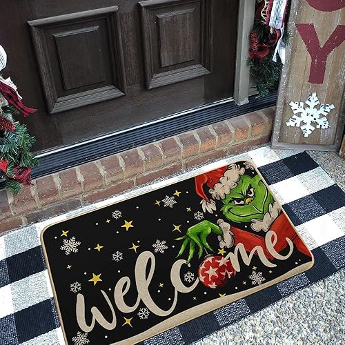 Miniatura 3 de Grinchmas - Tapete de bienvenida de Navidad de 17 x 29 pulgadas, tapete decorativo de invierno con copos de nieve para interiores y exteriores, DM103
