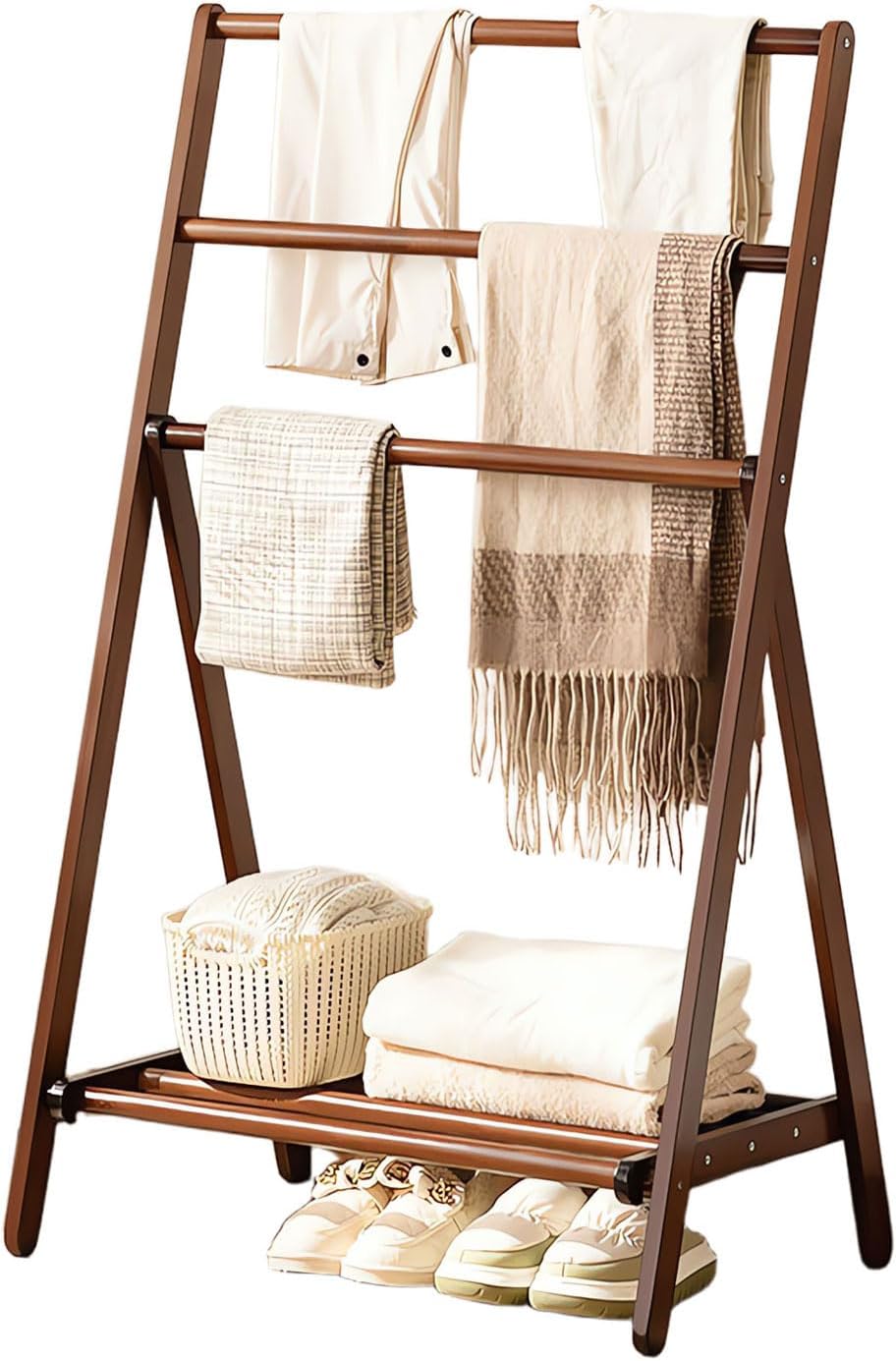 Kitchen Cabinet Expandable Corner Shelf Revolving Storage Rack,Freestanding Solid Wood Coat Rack with Bottom Storage Shelf, Space-Saving Foldable Clothing Hanger & Towel Holder, Stylish Trou