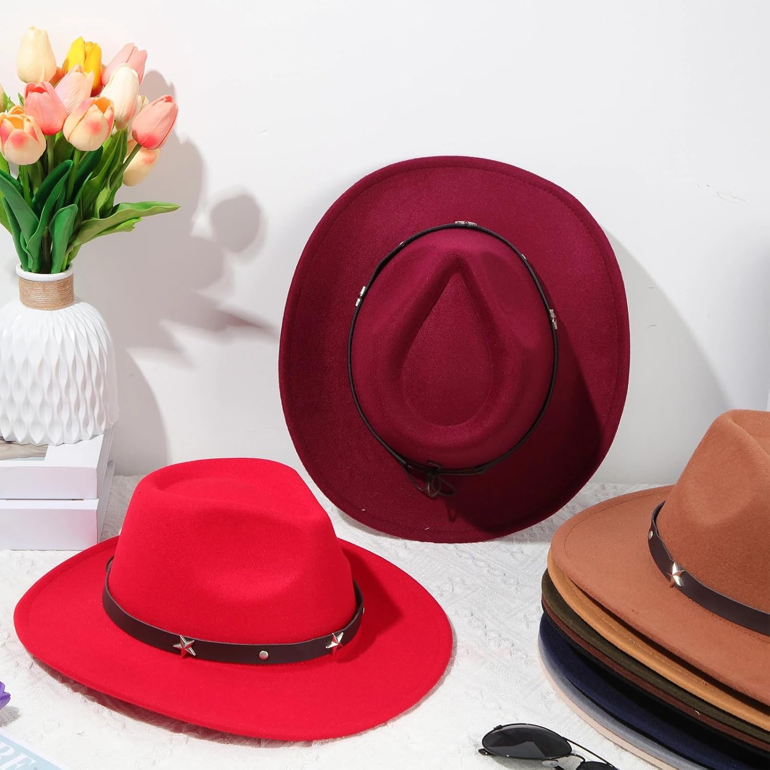 Hercicy 10 Pack Classic Western Hat Men Felt Wide Brim Hats Women Belt Buckle Panama Hat for Adults - Image 5