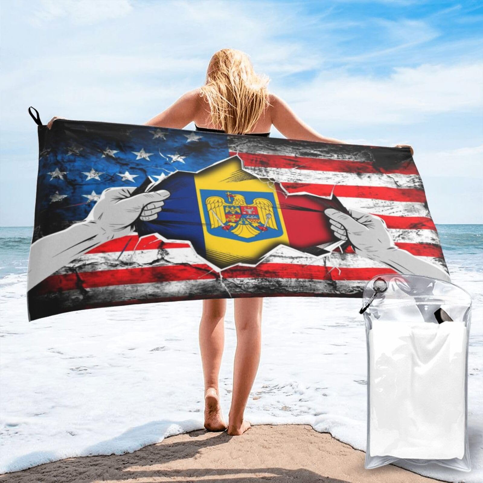 HACXZ American and Romania Flag Vintage Beach Towel Lightweight Absorbent Beach Towel Microfiber 31.5"X63"