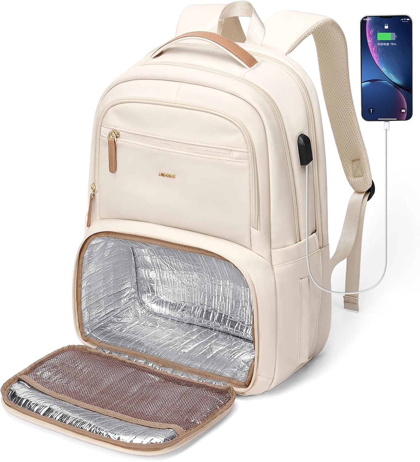 Lunch Backpack for Women Men,15.6Inch Insulated Lunch Box Backpack with USB Charging Port, Diaper Laptop Back pack for Travel Picnic Work Teacher Nurse,Beige