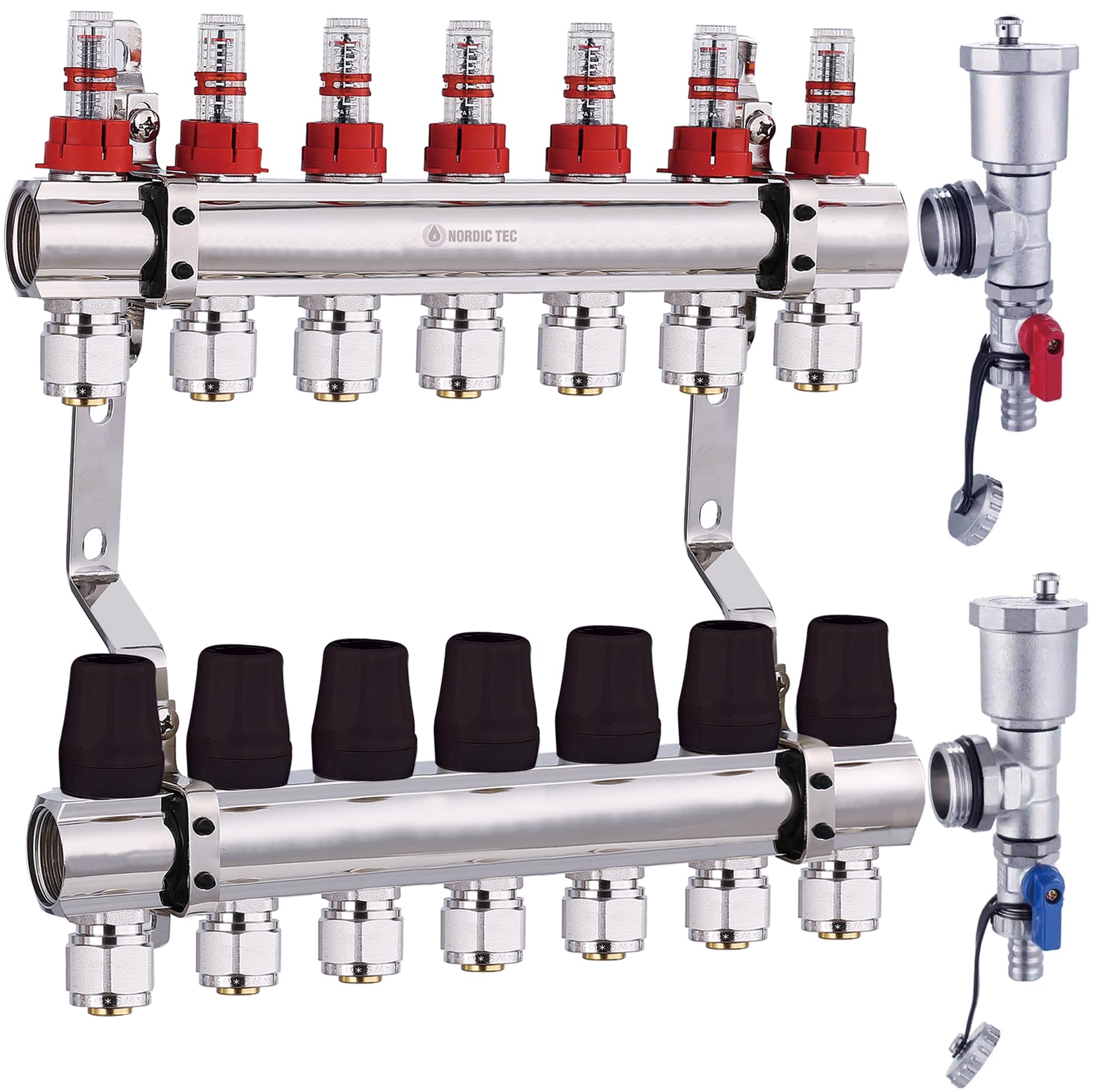 Nordic Tec Heizkreisverteiler mit Eurokonus-Anschlüssen, Durchflussmesser, Oberthermometer, (7 Heizkreise, mit Eurokonus 3/4x16 ohne Kugelhähne)