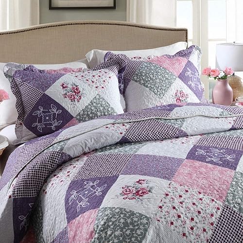 Miniatura 8 de Homcosan - Juego de colchas para cama Queen FullKing Size reversible, diseño de retazos, ligera, colcha para todas las temporadas, 3 piezas (1