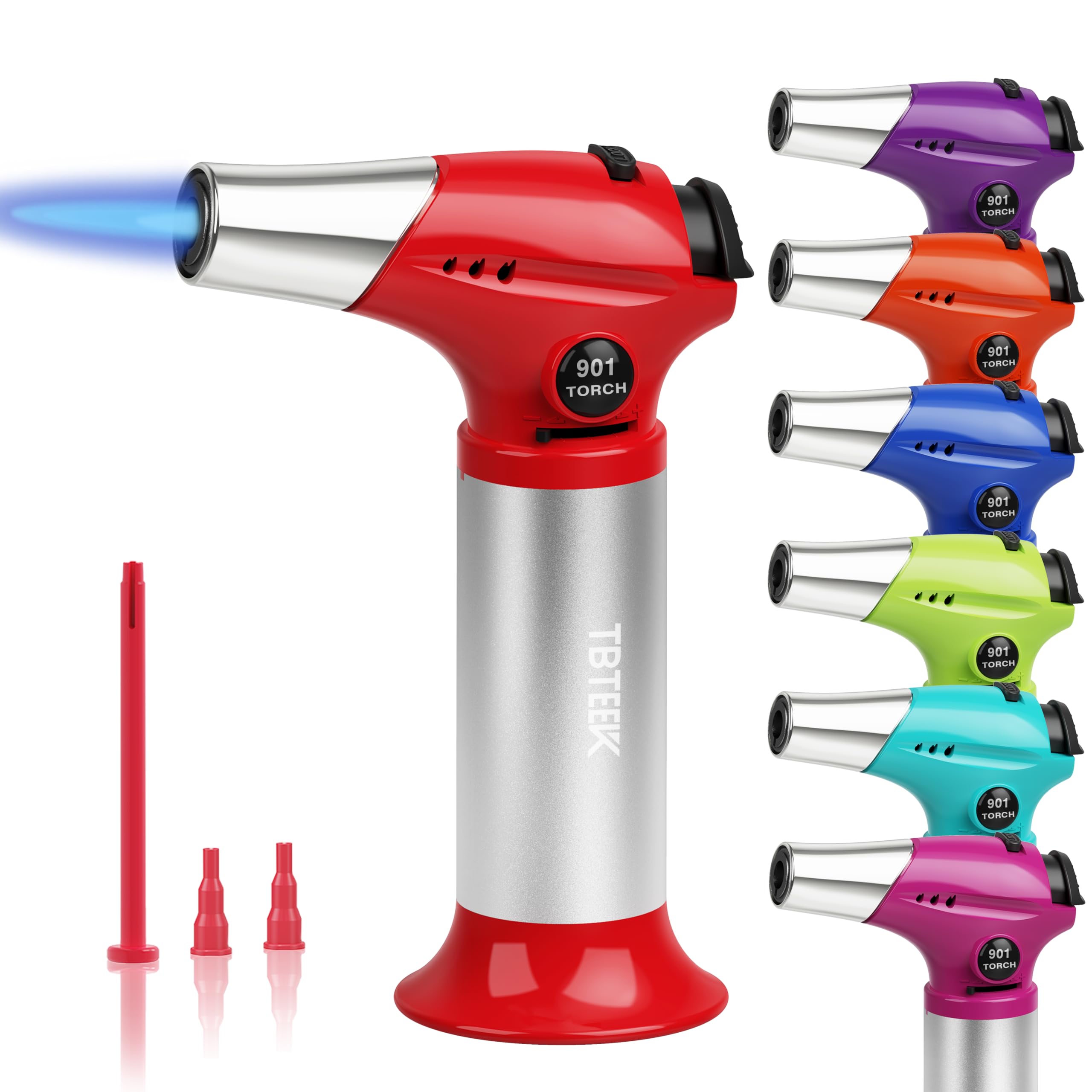 TBTEEK Butane Torch T901, Kitchen Torch Cooking Torch with Safety Lock & Adjustable Flame for Cooking, BBQ, Baking, Brulee, Creme, DIY Soldering(Butane Not Included), Red