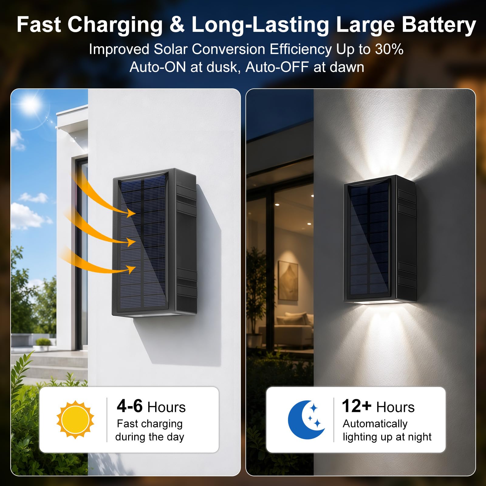 Lacasa Luz Solar Exterior de Pared, 4 Pack 2 Modos Luces Solares Apliques | 2 Colores en 1 (2700K/6500K), Impermeable IP65, Up & Down Iluminación Auto On/Off, LED Lampara Solar para Jardin Garaje Patio