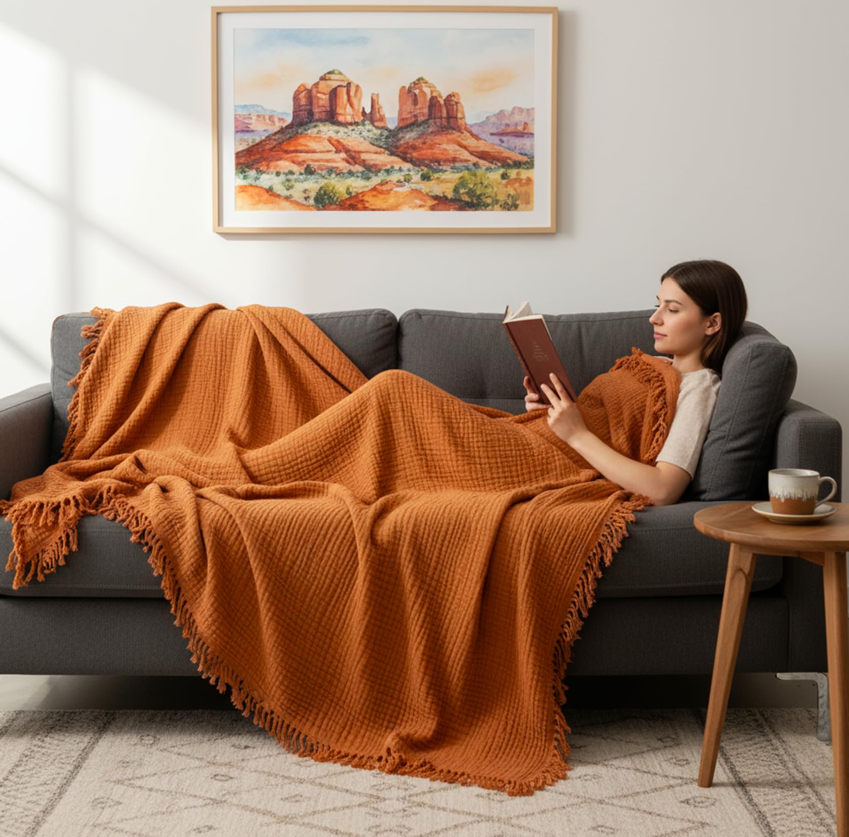 KyraHome Manta de algodón 100% orgánico de 60 x 80 Pulgadas para sofá, Adulto, prelavada, teñida con Plantas, Transpirable, Ligera y Suave, para Todas Las Estaciones (Terracota)