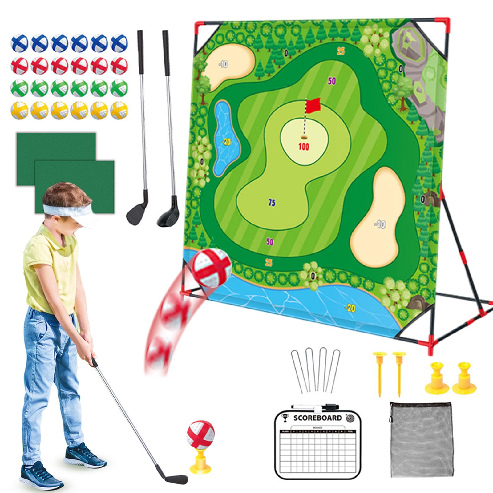 Juego De Golf Para Jardín Esterilla Entrenadora Interactiva de 137x137 | 24 Bolas Adhesivas para Campo de Práctica para Práctica en Casa, Jardín, Deportes, Familiares y