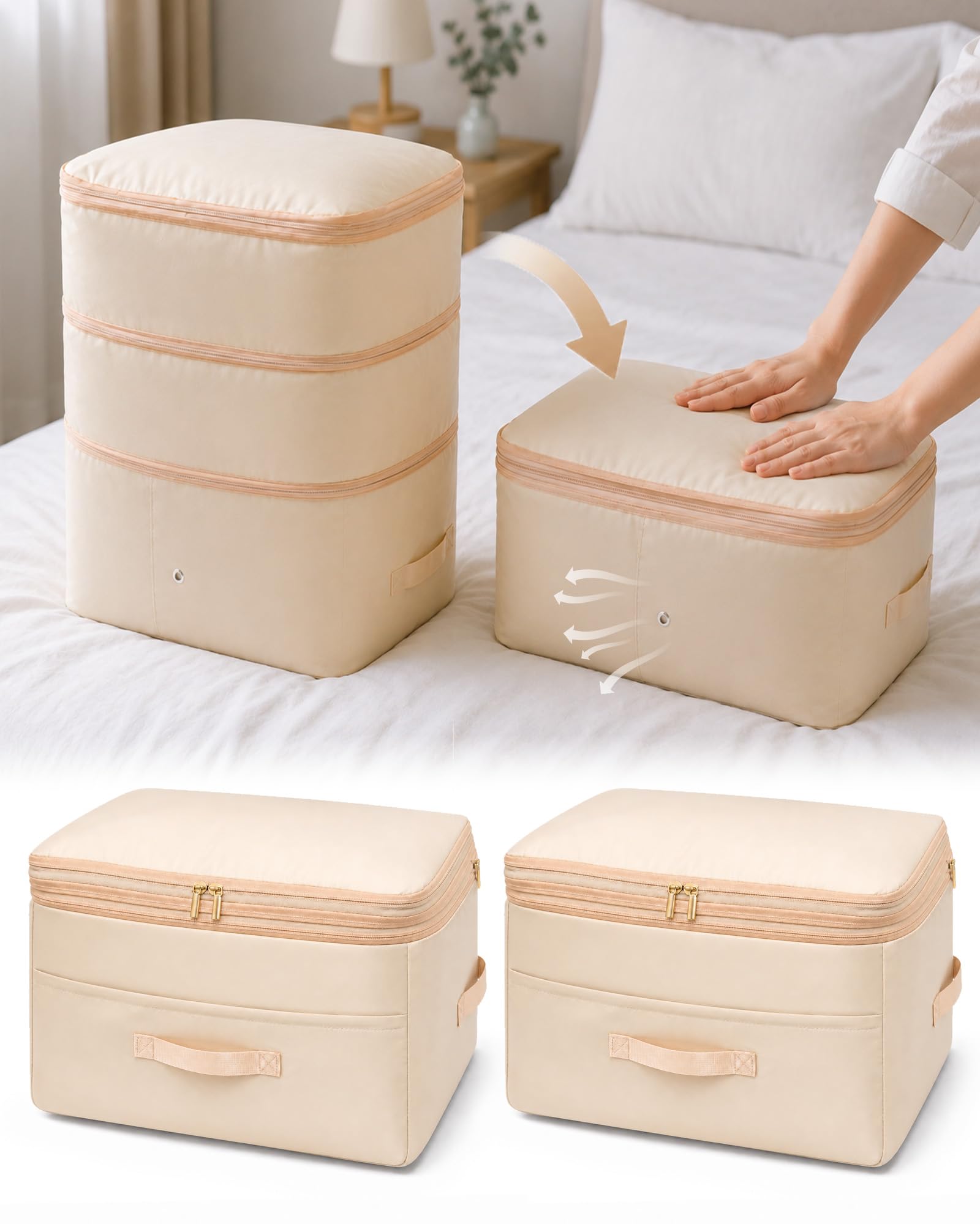 2 Stück Platzsparender Komprimierender Organizer, Aufbewahrungstasche für Bettdecken, Aufbewahrung für Keidung, Bettdecken (Beige, XL)