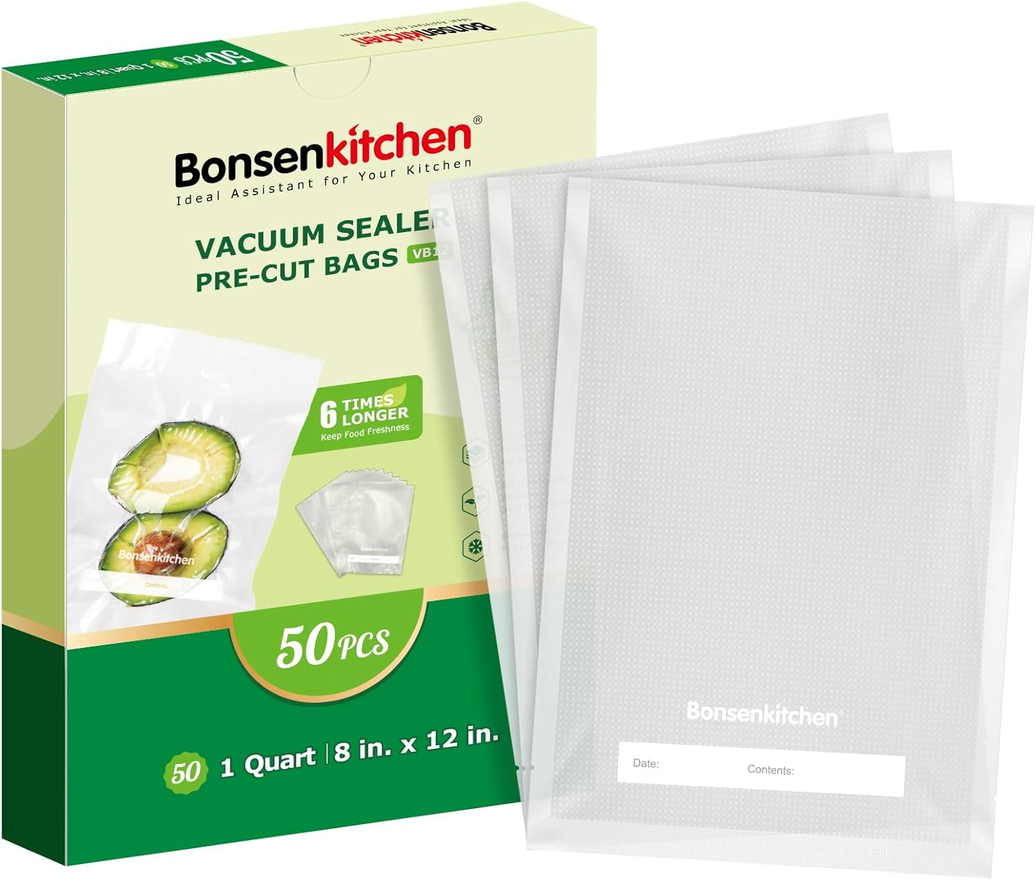 Bonsenkitchen Vacuum Sealer Bags 8x12 Inch Precut 50 Count, Heavy Duty BPA Free Commercial Grade for Sous Vide, Meal Prep & Freezer Storage VB12