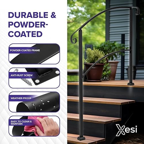 Miniatura 10 de Xesi Pasamanos de un solo poste con kit de bricolaje, barandilla de mano de hierro forjado negro, barandilla de escalera para exteriores, pasamanos