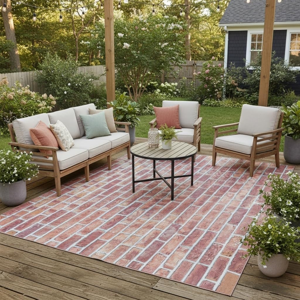 Natural Rose Pink Distressed Vintage Brick Wall Texture Waterproof Rug for Patio Garden Balcony Porch Deck Washable Non Slip Indoor Outdoor Area Rug 4x6 Retro Large Outside Carpet