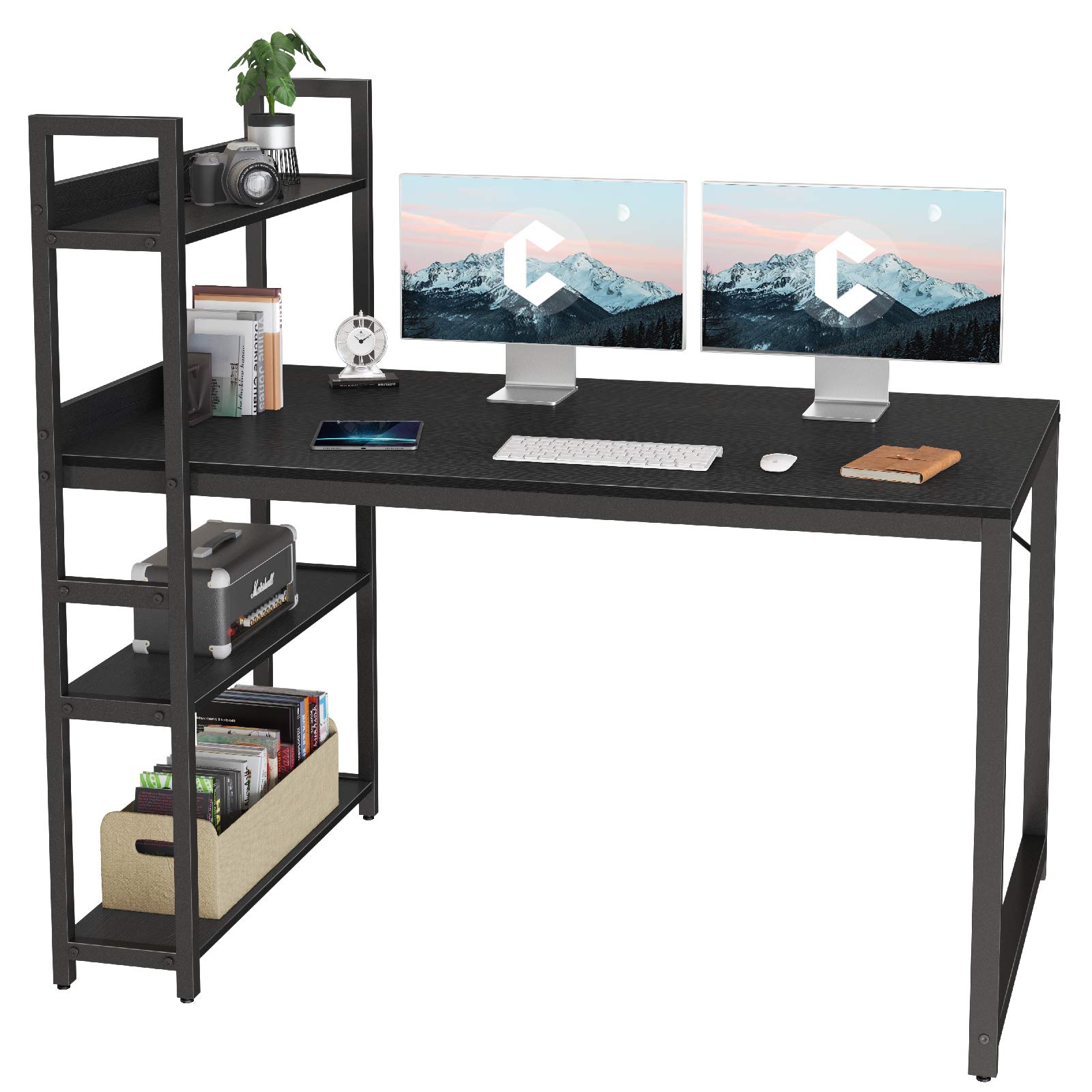 Bureau Avec Rangement, Table D’ordinateur, Avec 2 Étagères Réversibles, 60 X 140 X 76 Cm, Noir