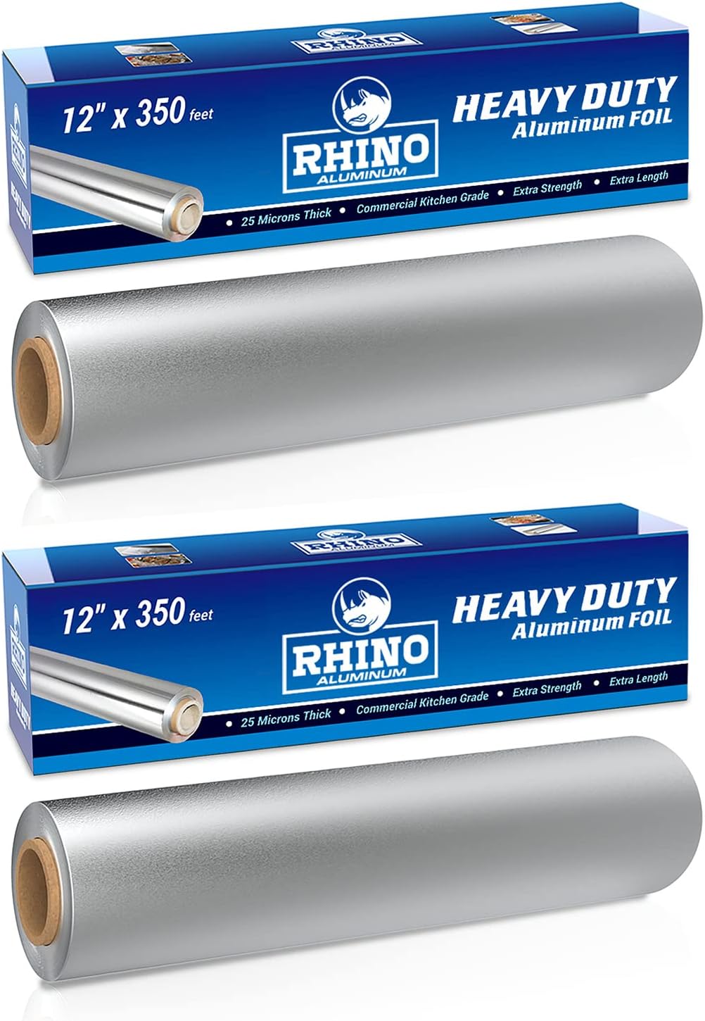Rhino Aluminum Heavy Duty Aluminum Foil - 12 x 350 sf Long Roll, 25 Microns Thick Foil Heavy Duty Commercial Grade & Extra Thick, Strong Enough for Food Service Industry (Pack of 2)