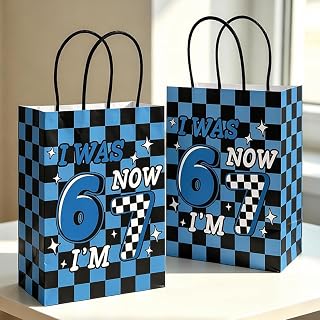 FYSUIMU 24Pcs Meme 6 7 Birthday Gift Bags Blue Black Checkerboard Paper Treat Bag with Handles Candy Goodie Bags for Party Favors Supplies