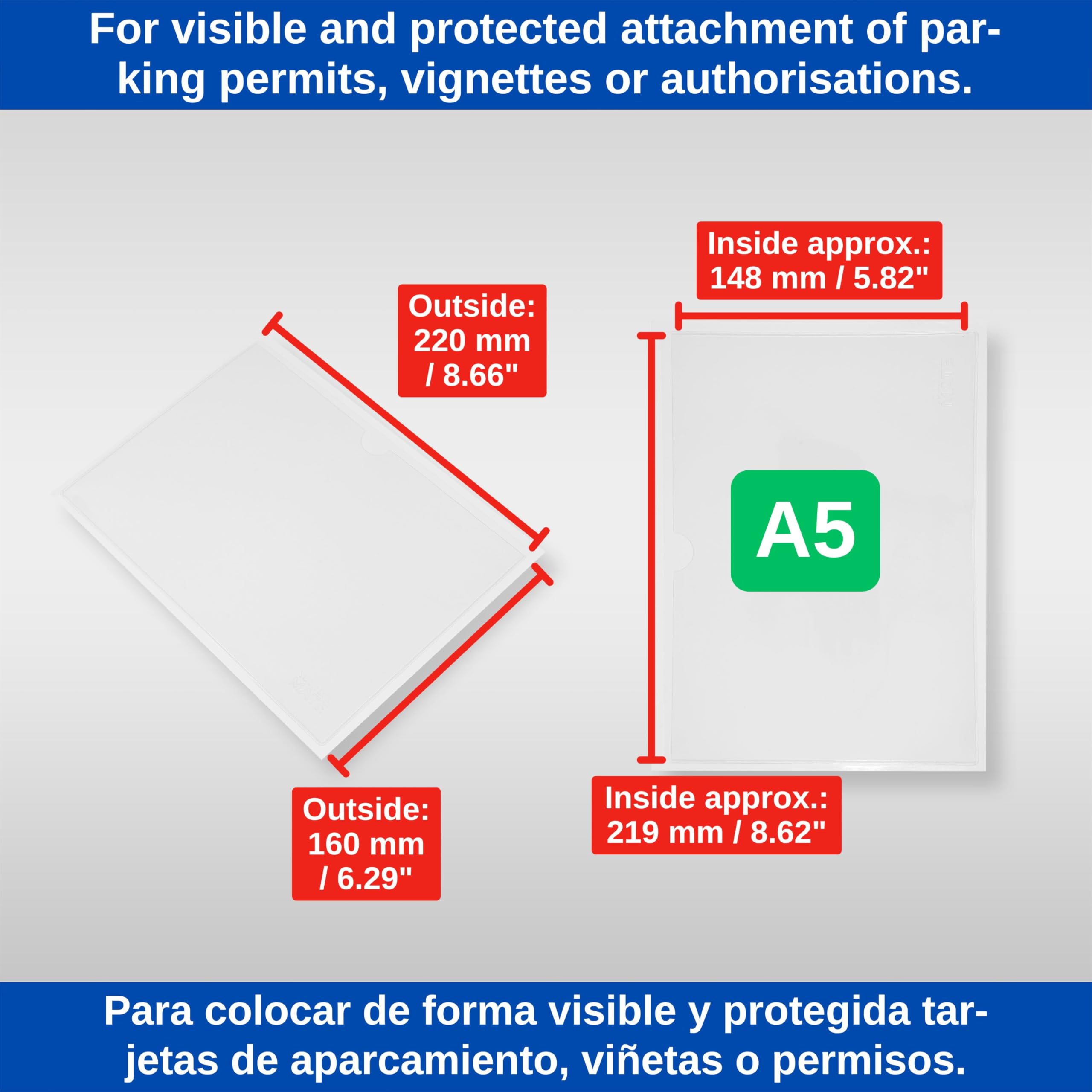 Bolsa adhesiva para parabrisas, 12 pzs, tamaño DINA5, 220 x 160 mm, en transparente, soporte de permiso de estacionamiento para pegar, sobre autoadhesivo permiso de estacionamiento de residente