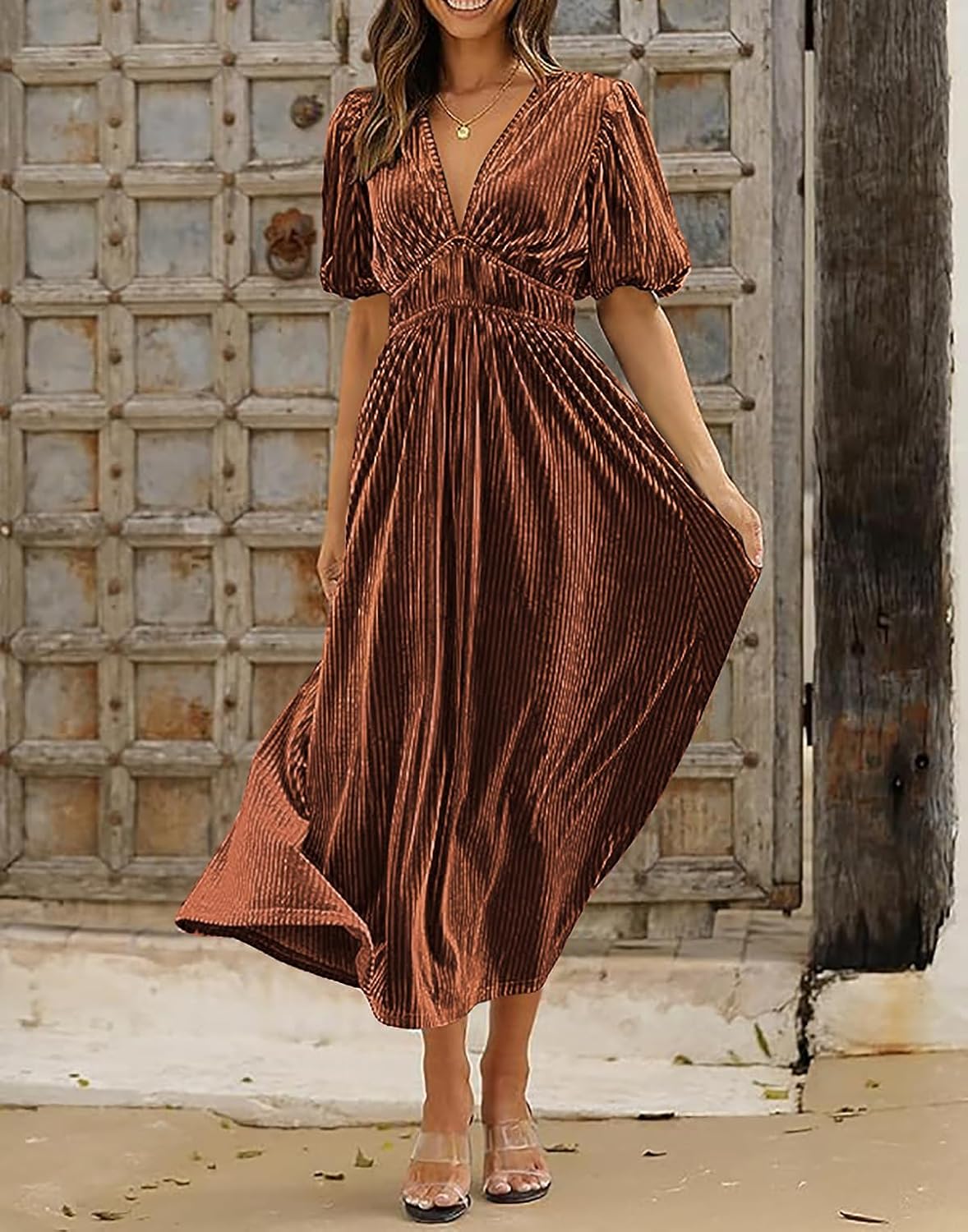 R.Vivimos Women's Fall Winter Velvet Dress Puff Sleeve Sexy Deep V Neck Elastic High Waist A-Line Elegant Casual Midi Dress - Image 2