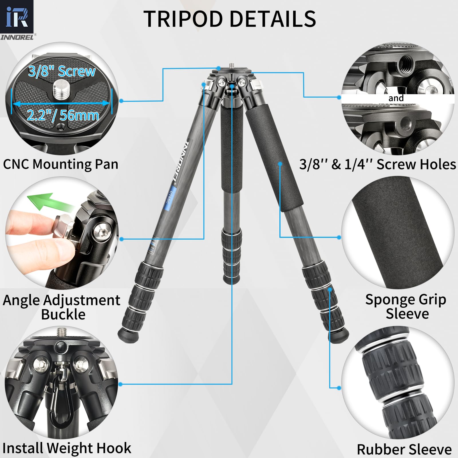 Treppiede in fibra di carbonio INNOREL CT85C Treppiede compatto professionale Supporto fotocamera pesante per videocamera DSLR con testa a sfera a bassa gravità 46mm Carico 25kg con colonna centrale