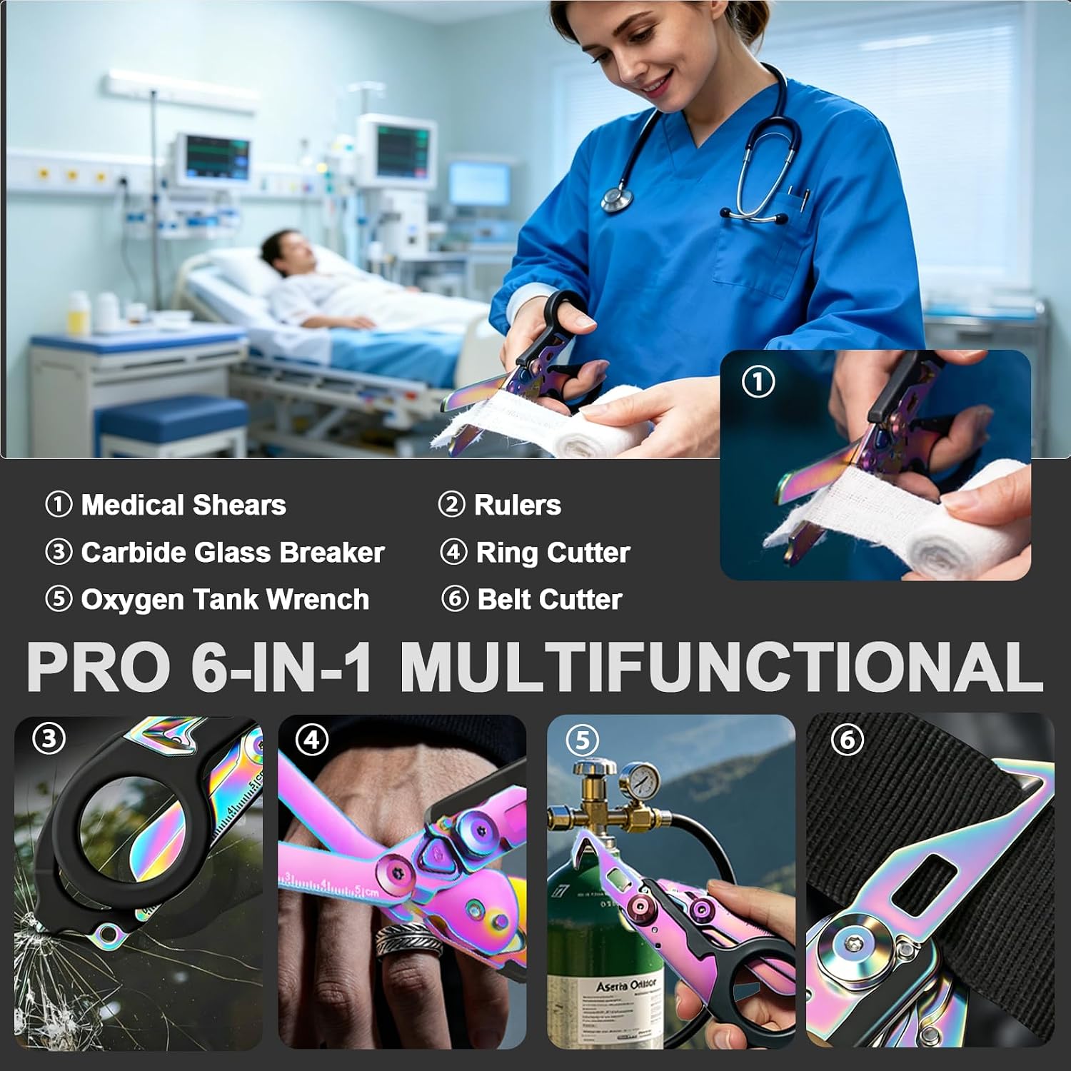 Pro 6-in-1 Multifunctional Trauma Shears Foldable with Compatible Holster, Trauma scissors for Nurses, EMT Shears Trauma with Gift Box(Black Magic)