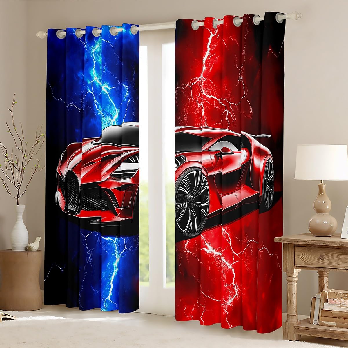 Homewish Rideau Occultant 30%-50% Voiture de Sport 117x137 cm, Rideau Enfant Garçon Voiture de Course, Rideau Voilage Éclairs, Voilage Fenetre Rouge et Bleu, pour Chambre/Salon Décoration de Fenêtre