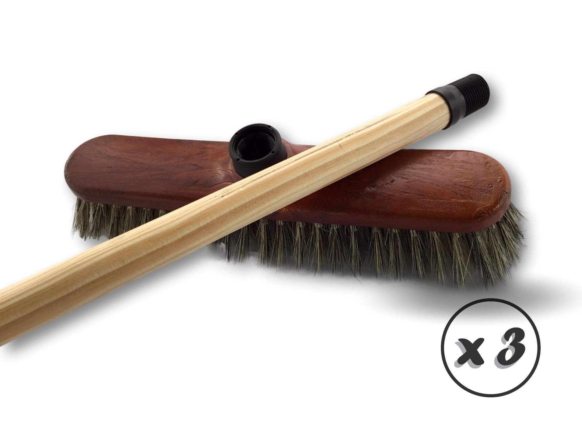 Kibros Lot 3 balais ménage Droit Soie Grise Monture Bois Verni Manche 1 m