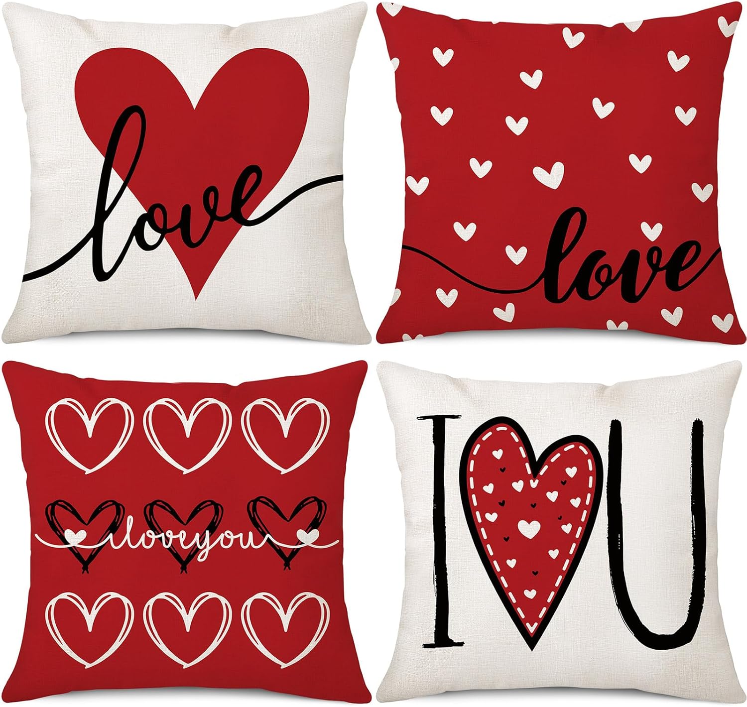 Coeufuedy Valentine's Day Pillow Covers 18x18 Set of 4 Love Heart I Love You Anniversary Wedding Decoration Cushion Covers for Sofa Couch