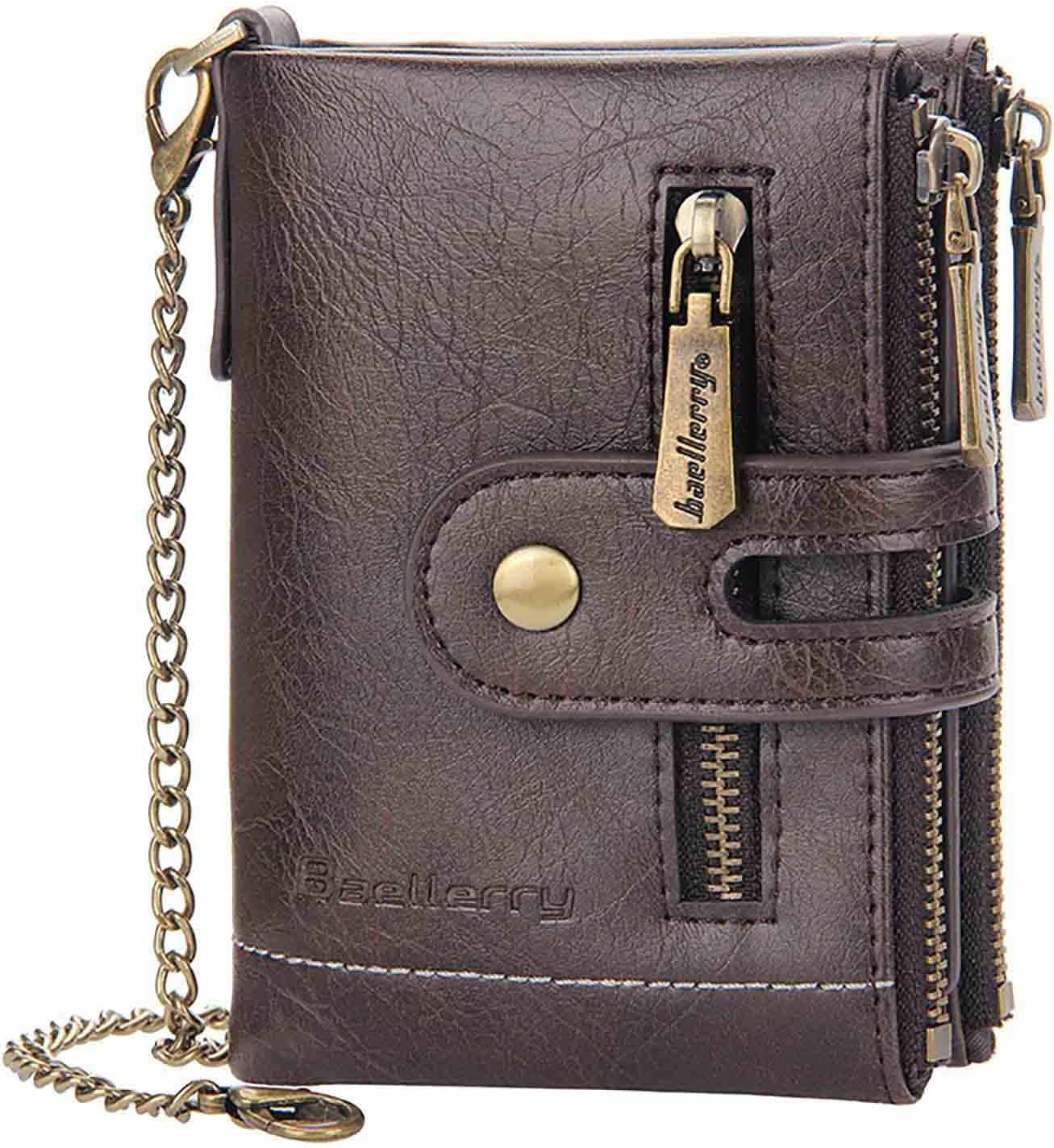 Vintage Y2K Double Fold Wallet with Chain - Short Multi Slot, Double Zipper (Coffee)
