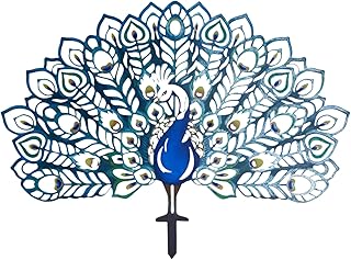 Reheyre Estacas decorativas de pavo real para jardín, decoración de jardín de pavo real de metal para exterior, estatua de animales hueca, camino, césped, adornos para césped al aire libre, color azul