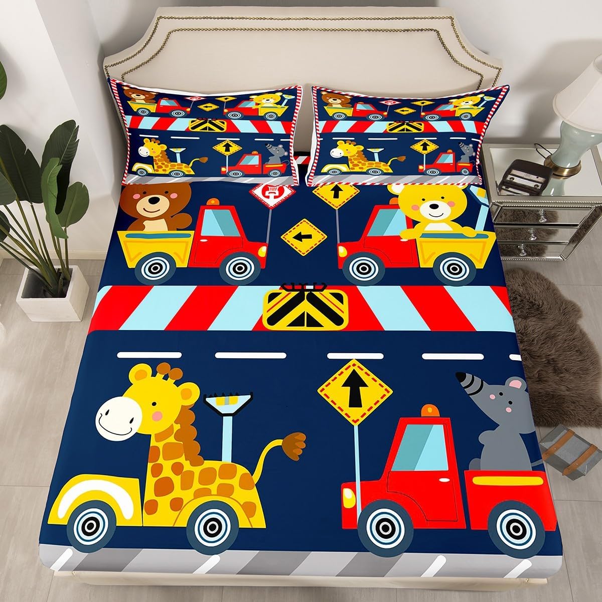 Cartoon Giraffe Kids Sheet Full Size,Cartoon Cars Construction Vehicle Toddler Bedding Set,Girls Boys Women Room Decor,Geometric Stripes Red Blue Bed Sheet Set 4pcs(Fitted + Flat + 2 Pillowcases)
