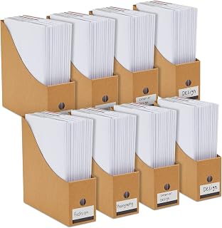 Juvale 8-Pack Corrugated Cardboard Magazine Holders - 3.5x10.2x10.6in Brown File Organizers with Removable Labels for Desk Storage