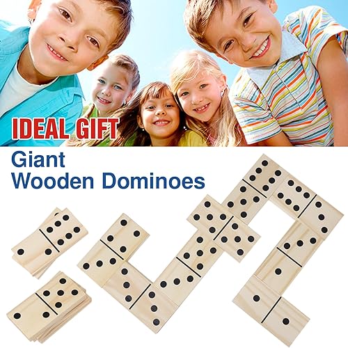 Miniatura 7 de GOTHINK Dominó de madera gigante, madera natural jumbo, juego de 28 piezas con números negros para niños, adultos y familias, perfecto para juegos