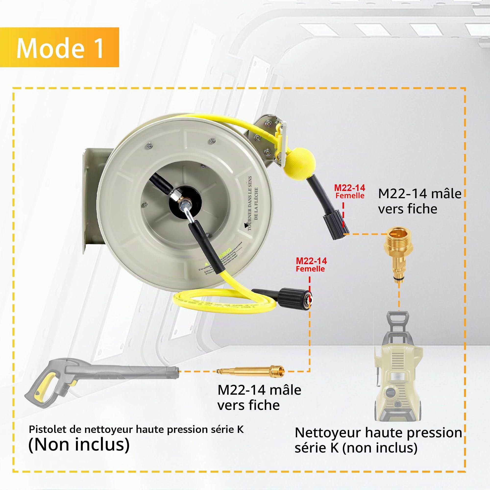M MINGLE Enrouleur de Tuyau Rétractable pour Nettoyeur Haute Pression, Compatible avec les Séries Karcher K2, K3, K4, K5, K6, K7, 1/4" (6,35 mm) × 18 m, Montage Murale, 250 bar (3600 PSI)
