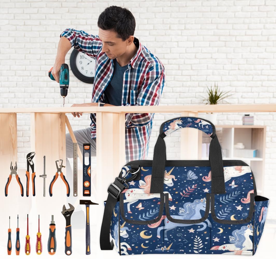 Unicorn Cute Funny Tool Bag for Men and Women, 14.8inch Heavy Duty Tools Tote Organizer Bags, Waterproof Tool box Storage Bag with Adjustable Shoulder Strap